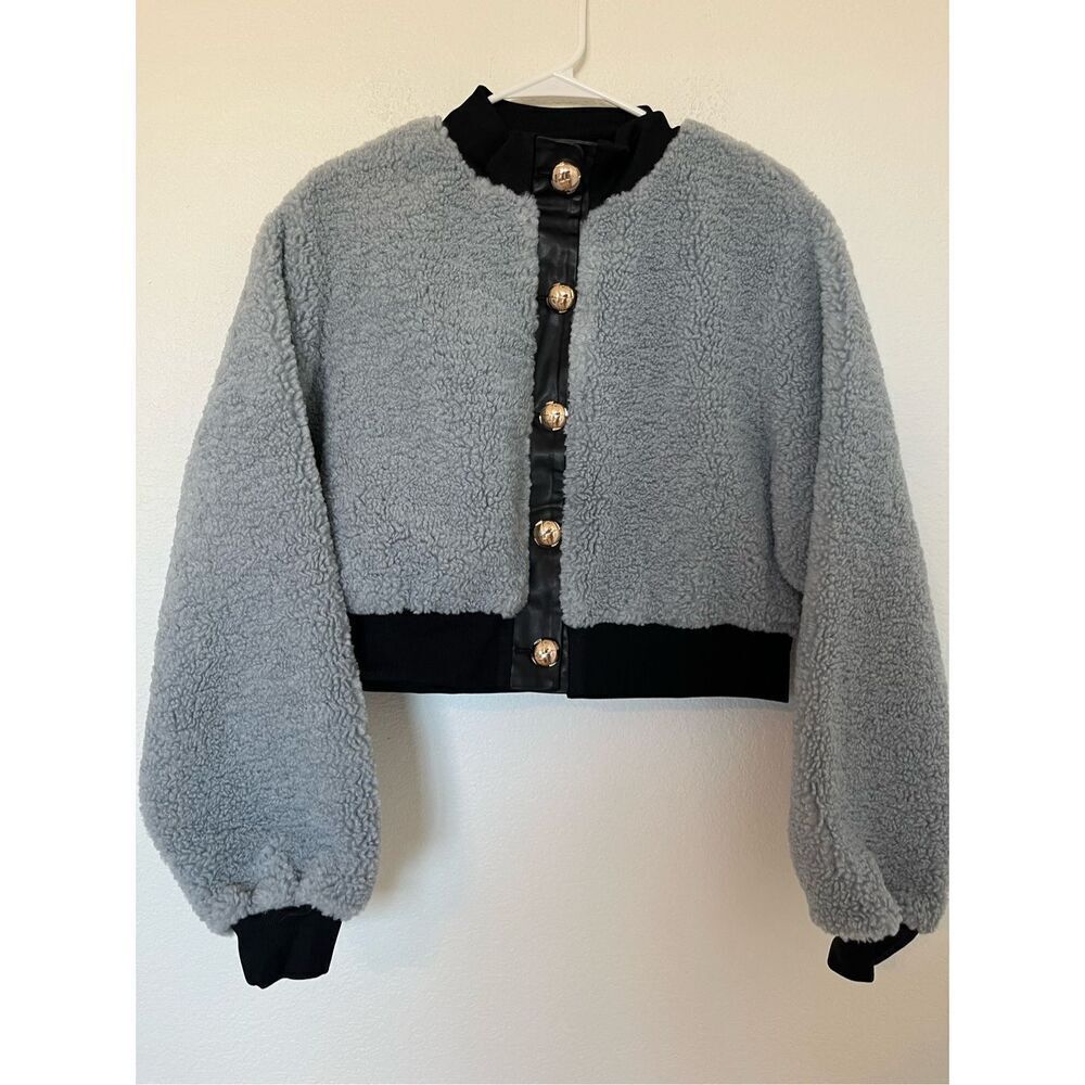 Jules Kae Cropped Button Up Sherpa Teddy Jacket NEW